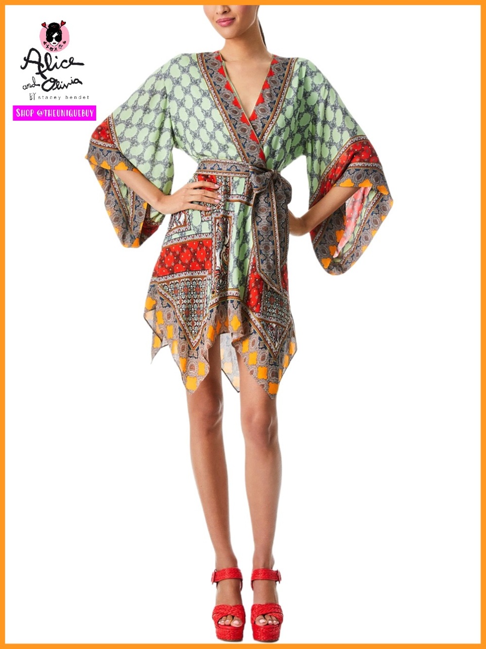 Alice + Olivia Haveri Kimono Belted Green Red Handkerchief Mini Dress